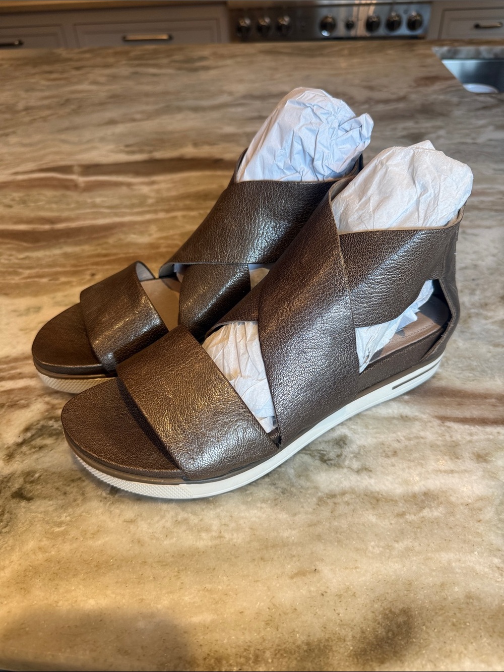 Eileen Fisher Metallic Bronze Crossover Wedge Sandal